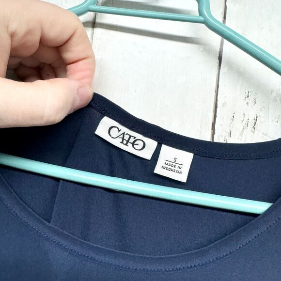 CATO Tunic Women Size S Short Sleeve Relaxed Navy Blue High Low Mini Dress Crew - Picture 2 of 4